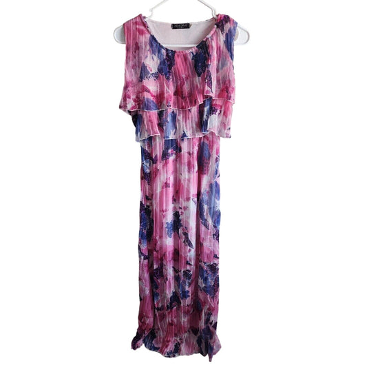 Mia Mia Collection Womens Sz M Maxi Dress Micro Pleat Pink Blue Floral