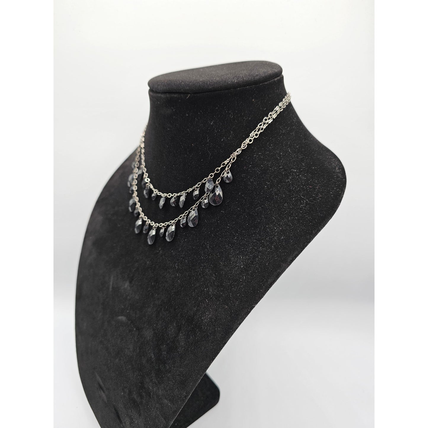 Vintage Y2K 2 Strand Beaded Chain Necklace Black Teardrop Rhinestones