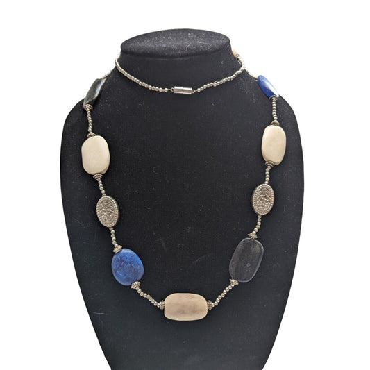 Vintage 1990s Womens Chunky Beaded Necklace Blue and Ivory Stones