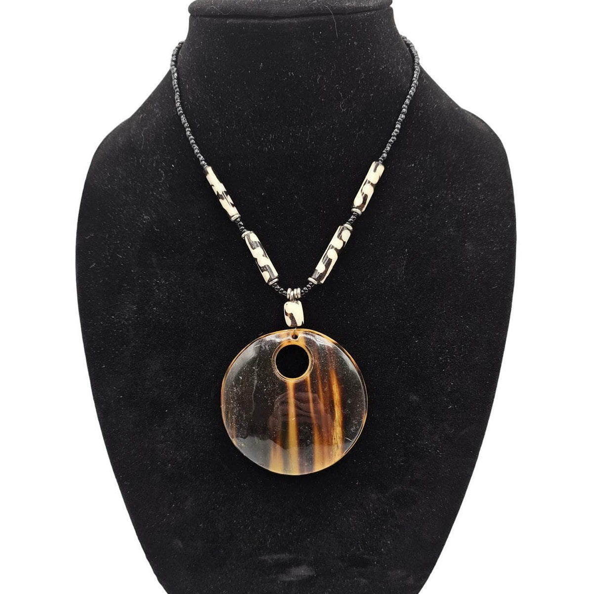 Vintage Amber Tigers Eye Style Pendant Necklace w/ Glass Beads Art to Wear