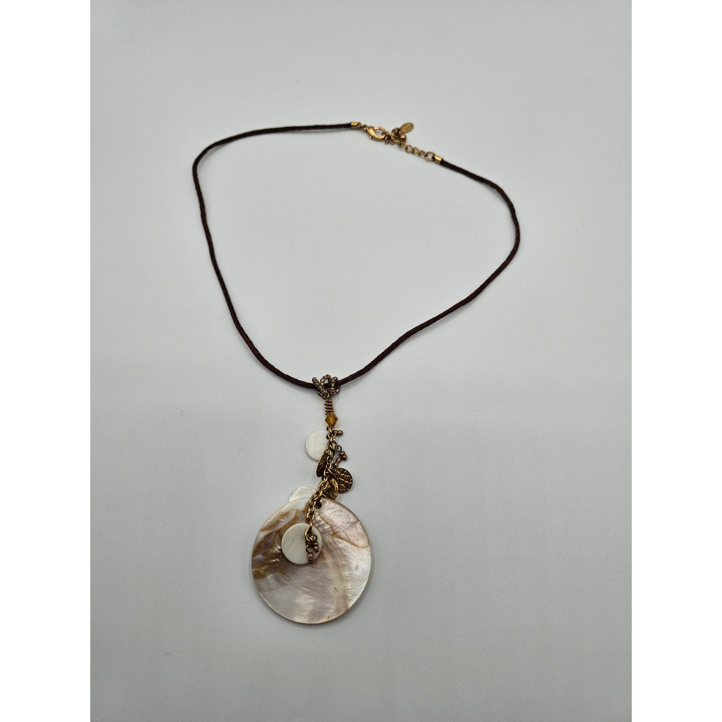 Chicos Rolled Leather Statement Pendant Necklace Mother of Pearl Nautical Boho