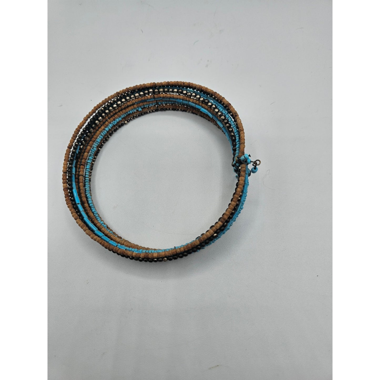 Vintage Y2K Multi Strand Seed Bead Slip On Cuff Bracelet Blue Brown