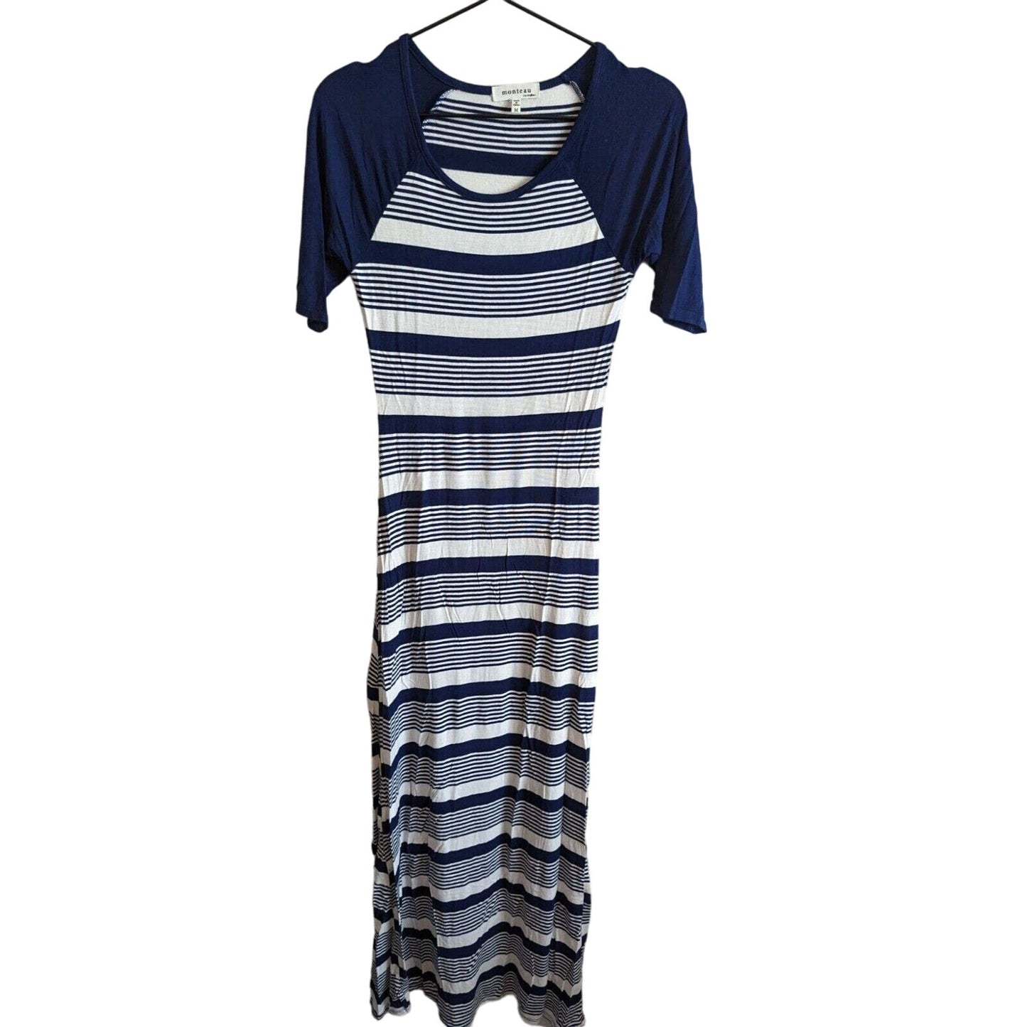 Monteau Womens Sz M Short Sleeve Maxi Dress Blue White Striped Jersey Knit