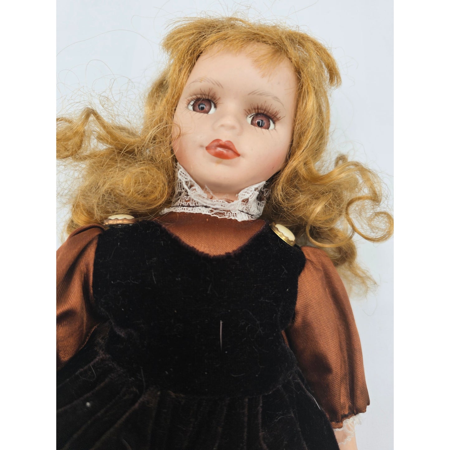 Vintage 1990s Small Porcelain Doll Black Gold Velvet Dress Strawberry Blonde