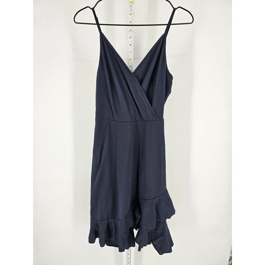 Ultranice Womens Sz M Faux Wrap Knee Length Dress Navy Blue Spaghetti Strap NEW