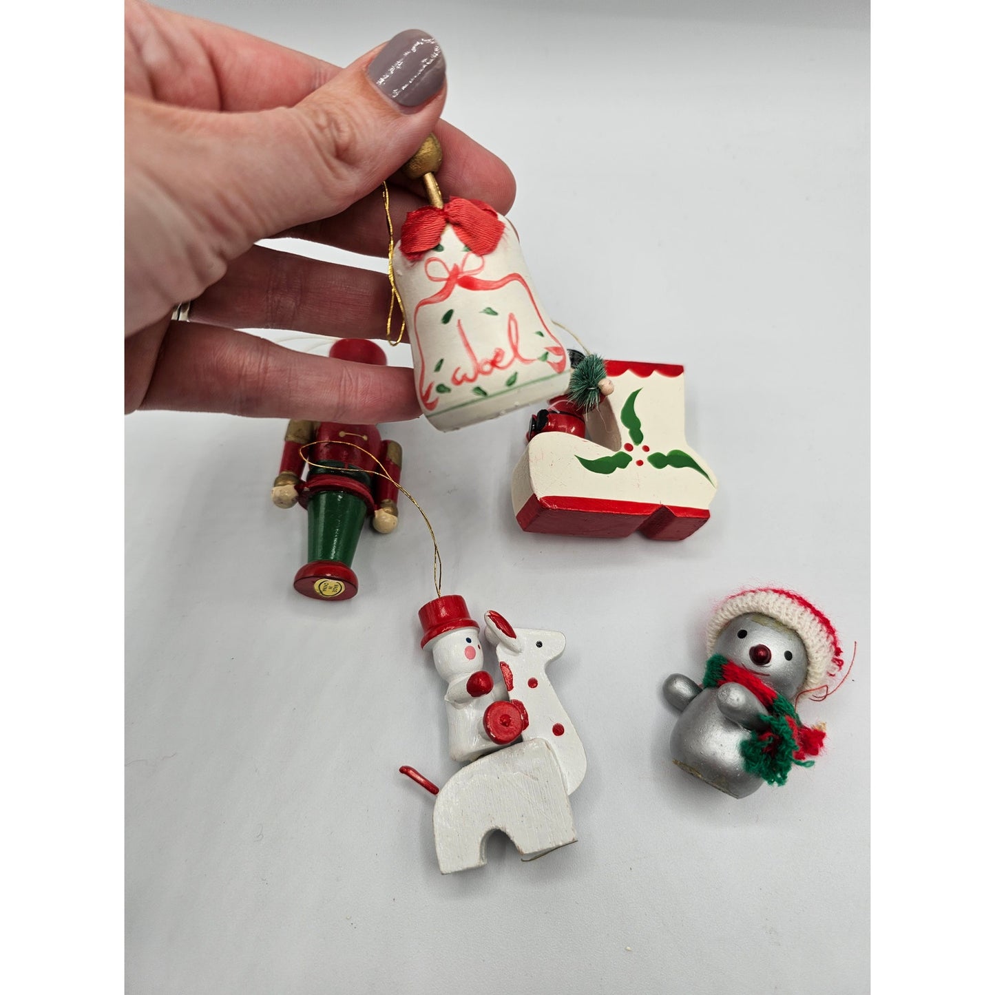 Lot of 5 Vintage Hand Painted Wooden Christas Ornaments Bell Soldier Boot