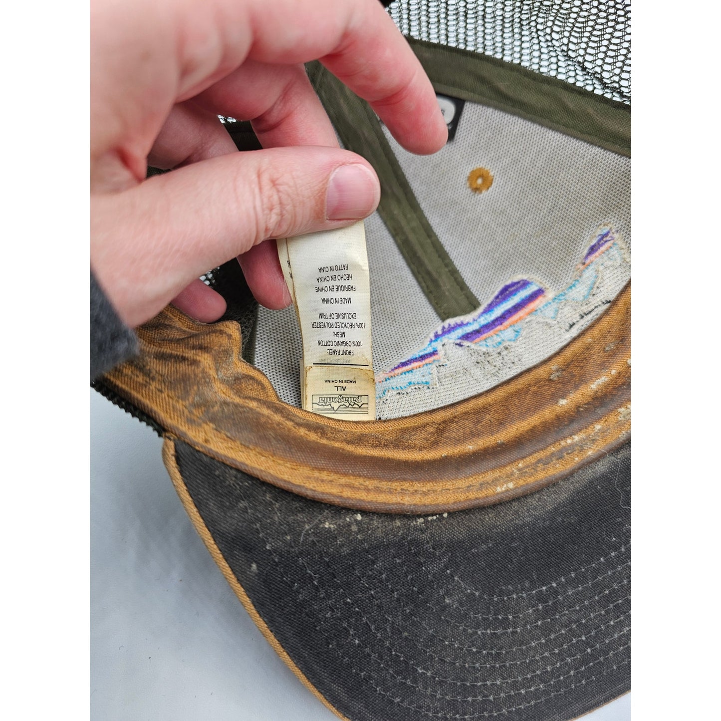 Patagonia Fitz Roy Trout Anvil Patch Snap Back Mesh Trucker Hat Tan