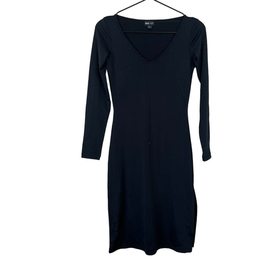 MNG Night Womens Sz XS Long Sleeve V Neck Fitted Dress Solid Black