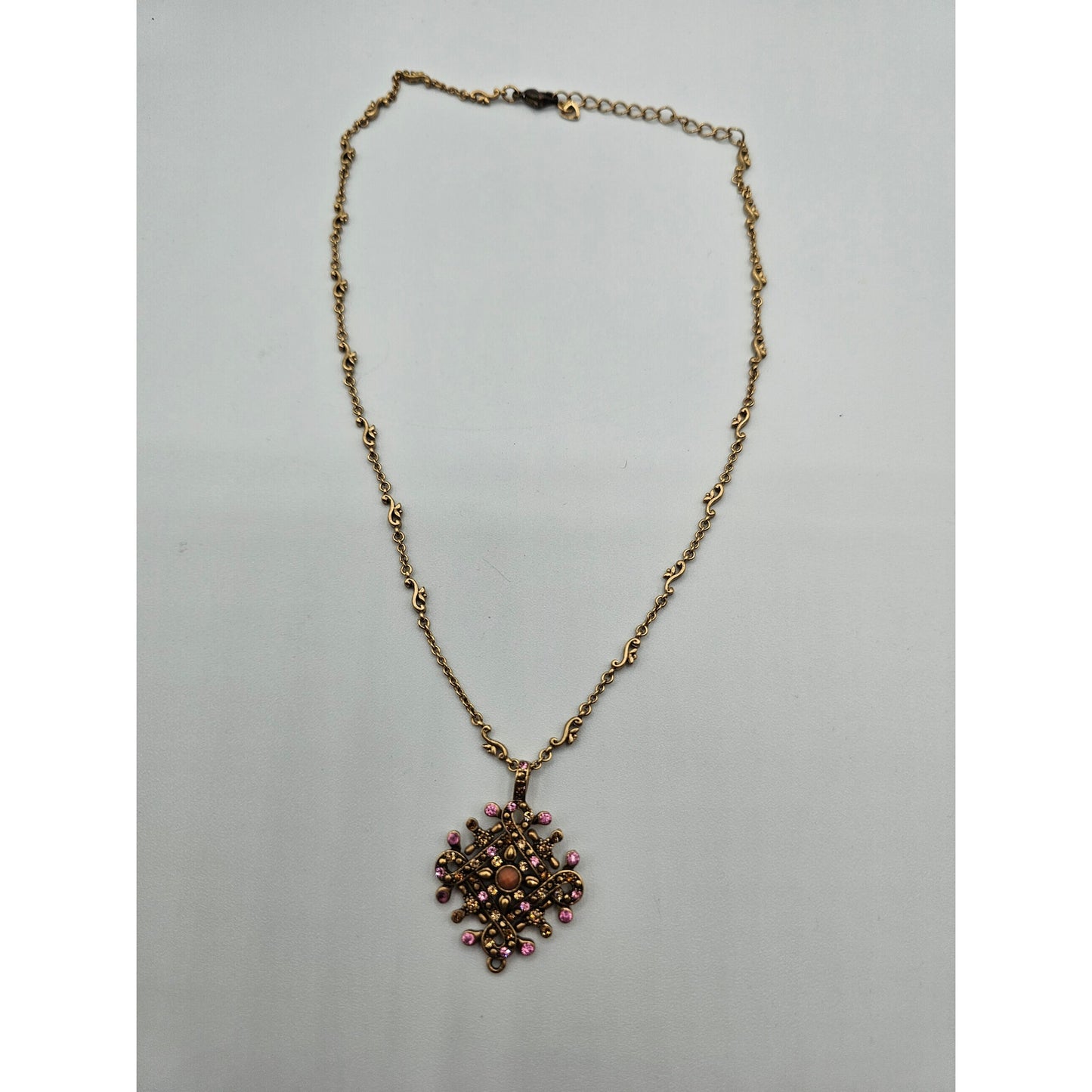Vintage Y2K Pendant Necklace Gold Tone Pink Rhinestone Enamel Pendant