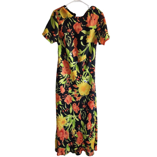 Vintage 1990s Gabrielle Womens Sz M Maxi Dress Bright Floral Yellow Orange