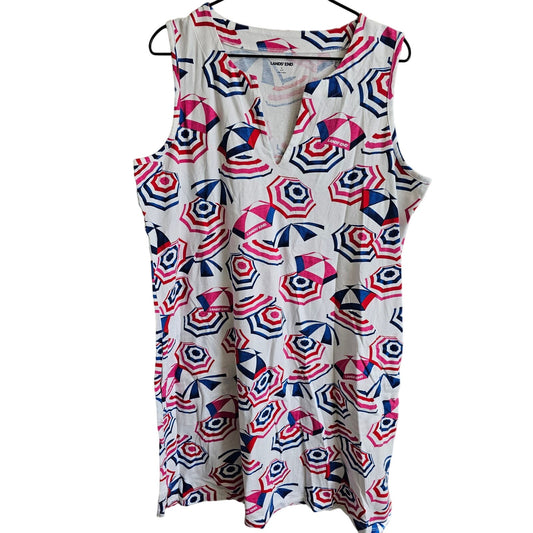 Lands End Womens Sz L Knee Length Sleeveless Shirt Dress Umbrella Print Cotton