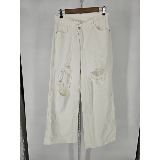 Shein Womens Sz M Ultra Wide Leg High Waist White Distressed Jeans Y2K Inspired