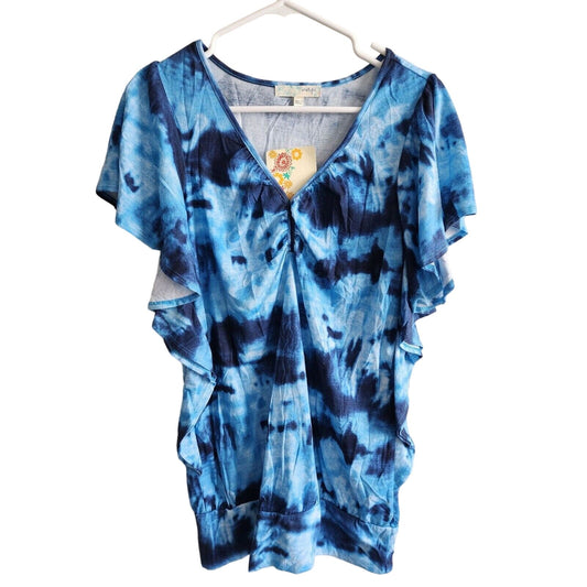Vintage Y2K Energie Womens Sz M Tie Dye Short Sleeve Tunic Top Blue NEW