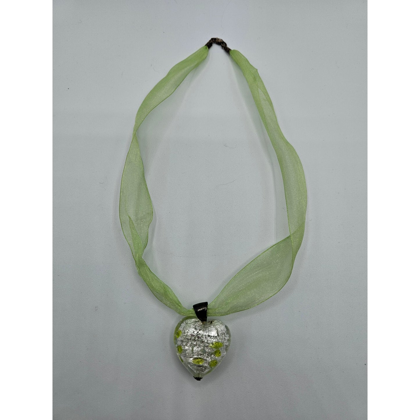 Vintage Y2K Glass Heart Pendant Necklace Lime Green Ribbon Style