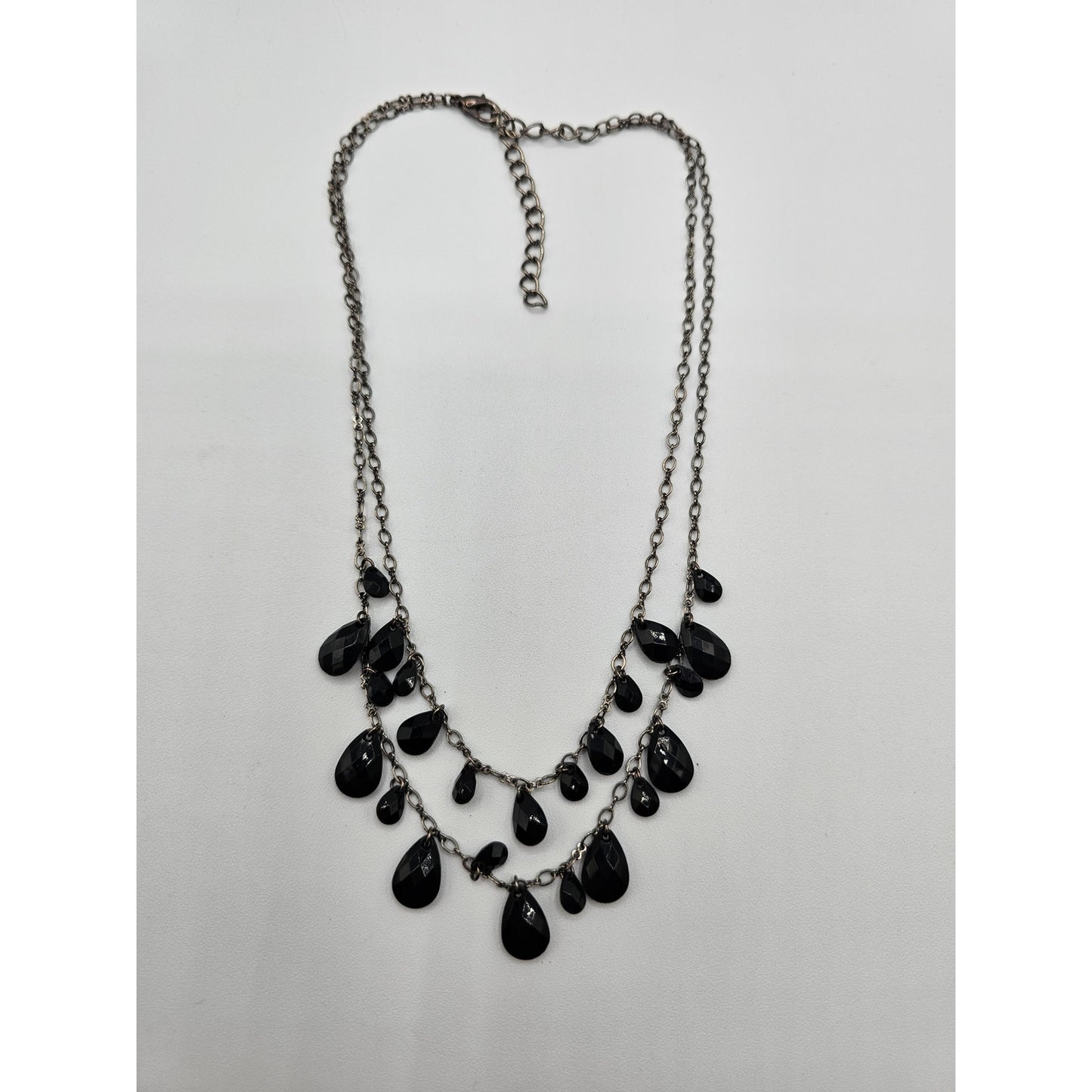 Vintage Y2K 2 Strand Beaded Chain Necklace Black Teardrop Rhinestones