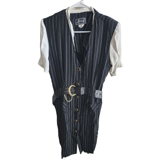 Vintage 1980s Lenore S Womens Sz 14 Midi Shirt Dress Black White Pinstripe