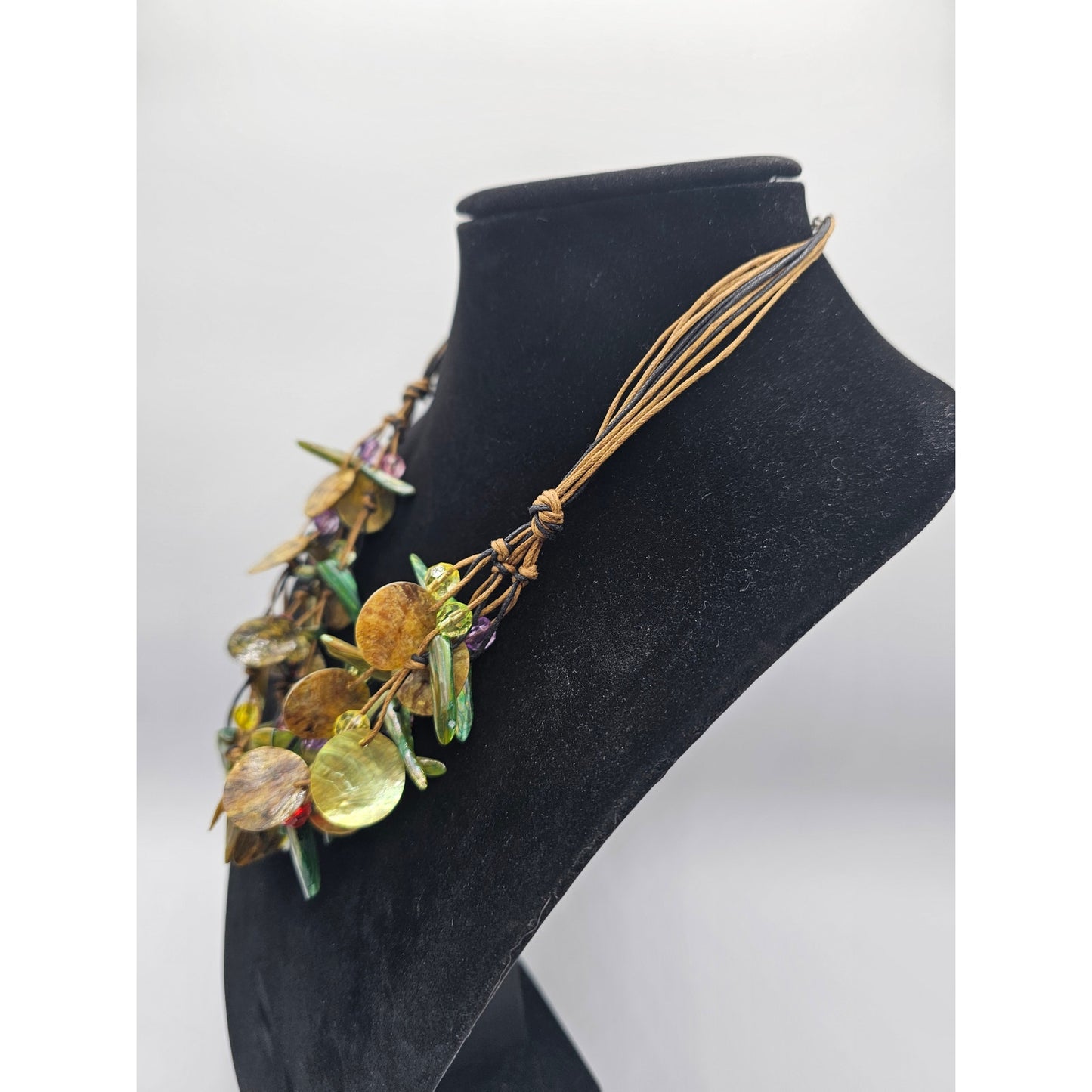 Vintage 1960s Multi Strand Rope Style Necklace Mixed Media Avocado Green