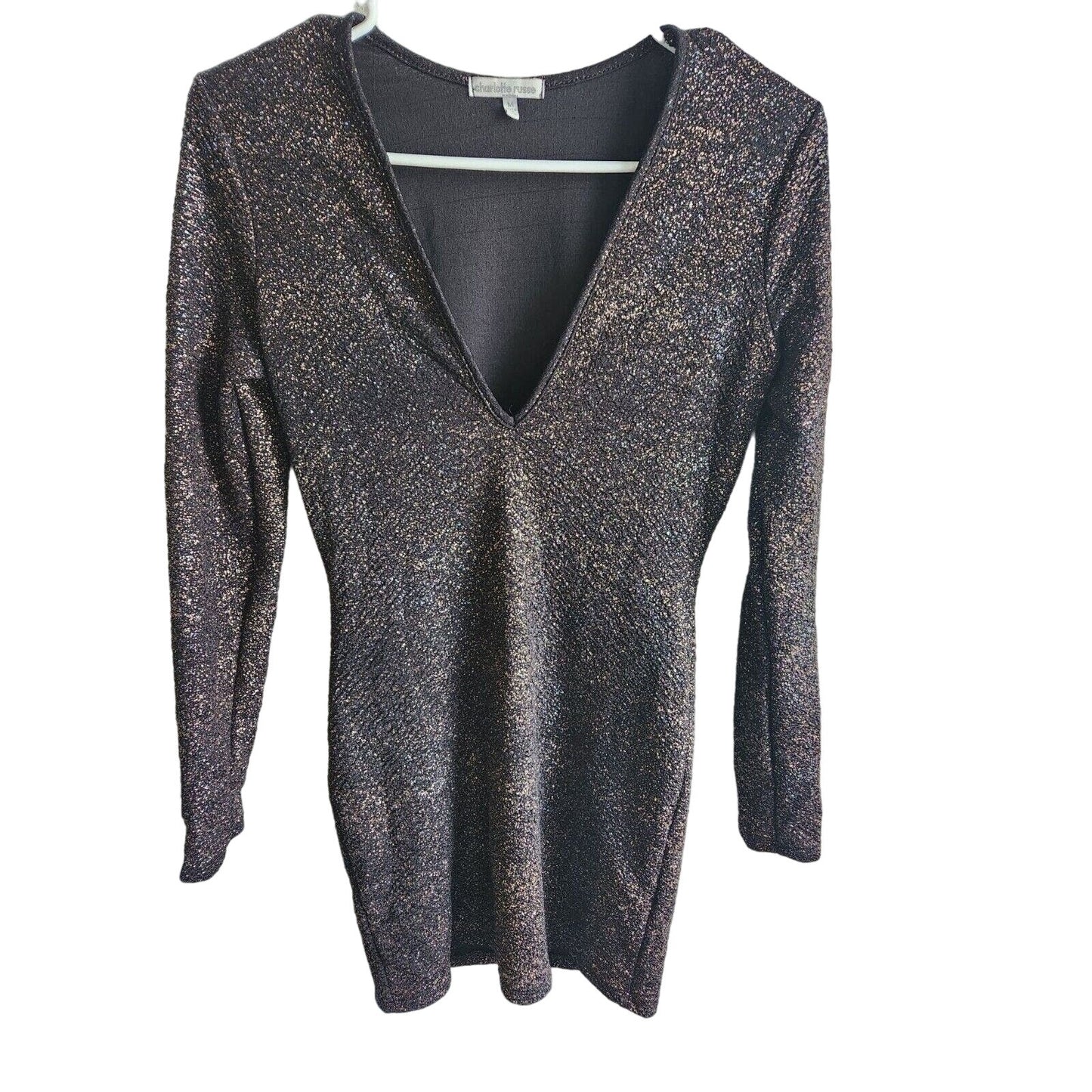 Charlotte Russe Sz M Mini Dress Long Sleeve Glitter Sparkly V Neck