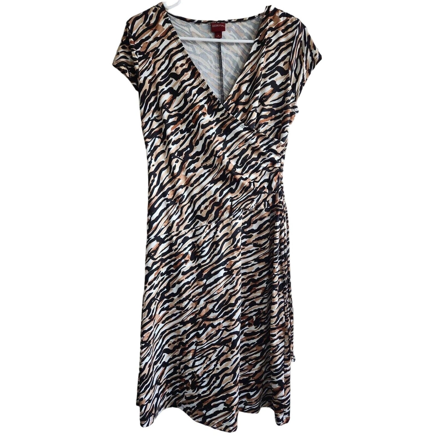 Vintage Merona Womens Sz S Zebra Animal Print Faux Wrap Dress Knee Length
