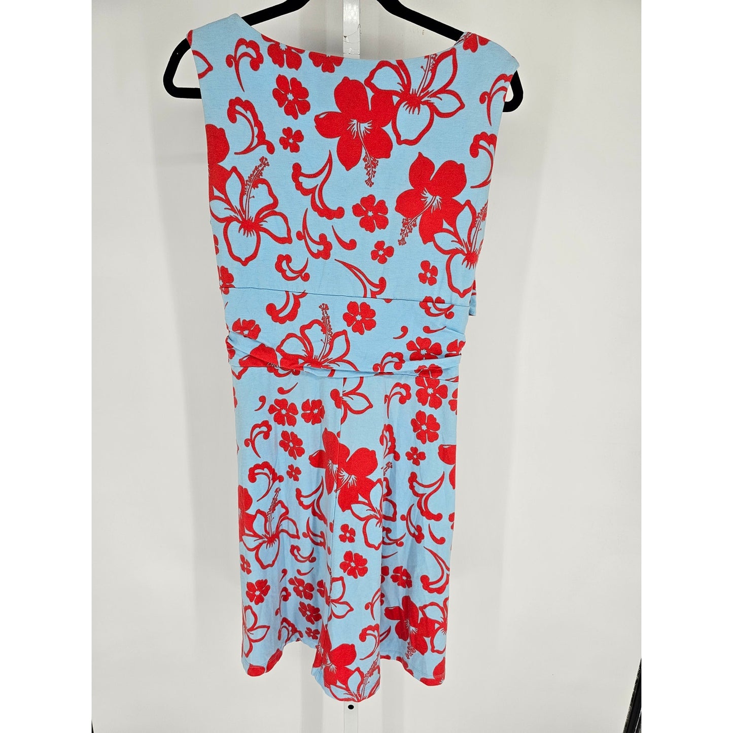 Lands End Womens Sz M Knee Length Sleeveless Dress Blue Red Tropical Floral