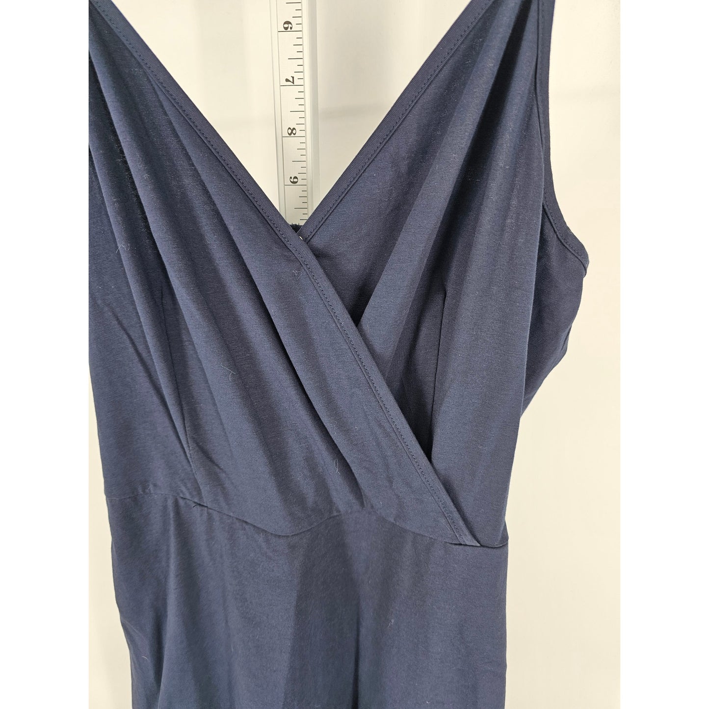 Ultranice Womens Sz M Faux Wrap Knee Length Dress Navy Blue Spaghetti Strap NEW