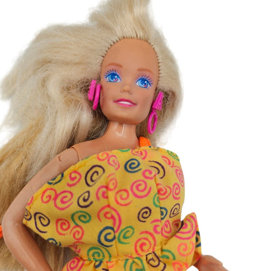 Vintage 1992 Hot Looks Blonde Barbie Doll Mattel Neon Dress Earrings
