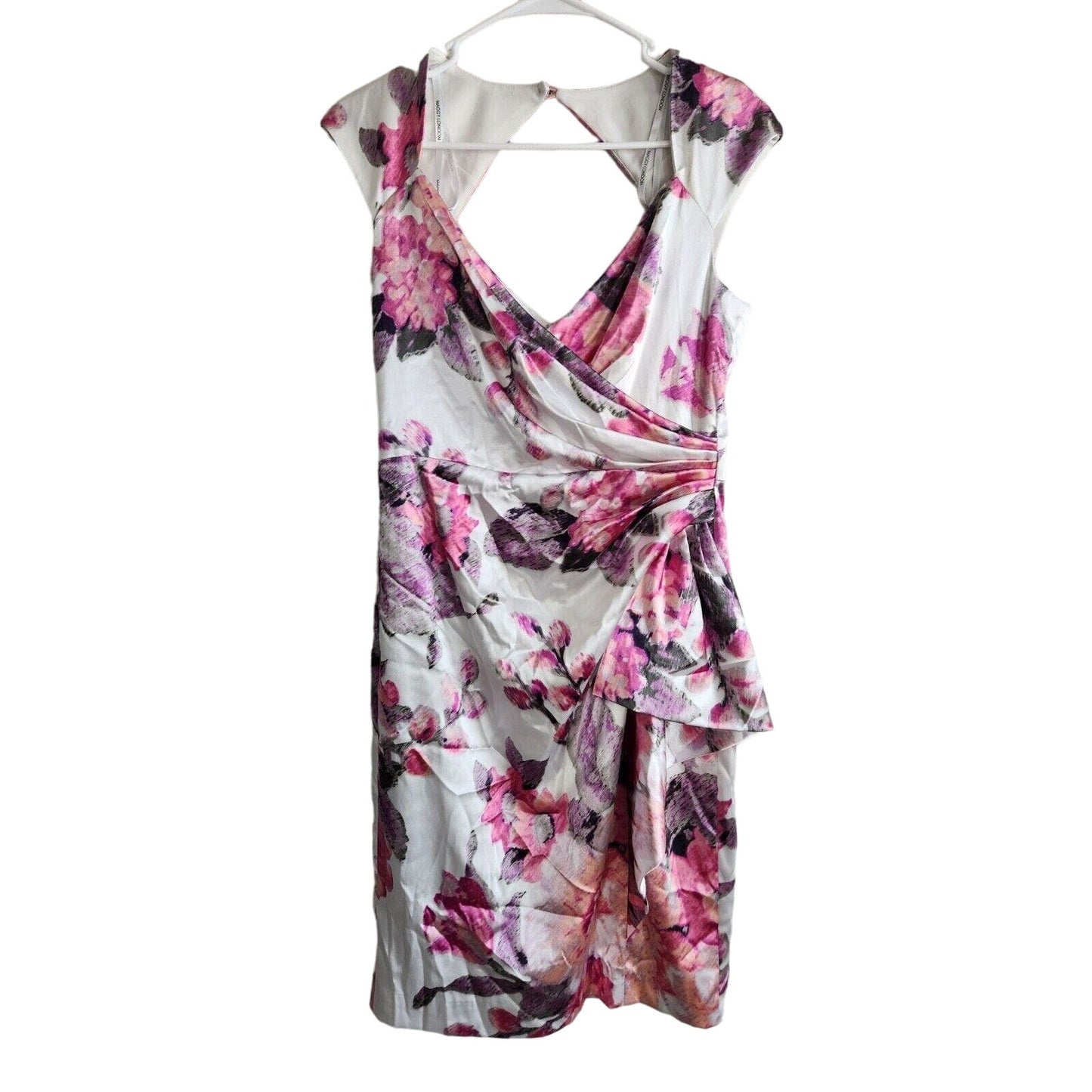 Maggy London Womens Sz 8 Knee Length Faux Wrap Dress Floral Satin Cap Sleeve