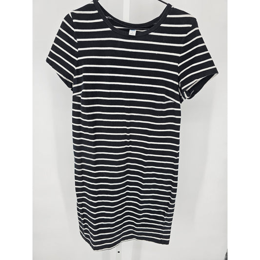 Old Navy Womens Sz L Knee Length Shirt Dress Short Sleeve Black White Striped