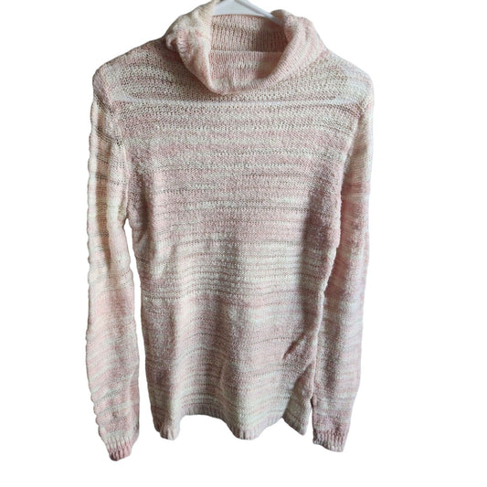 Decree womens Sz L Open Knit Turtleneck Sweater Pink and Cream