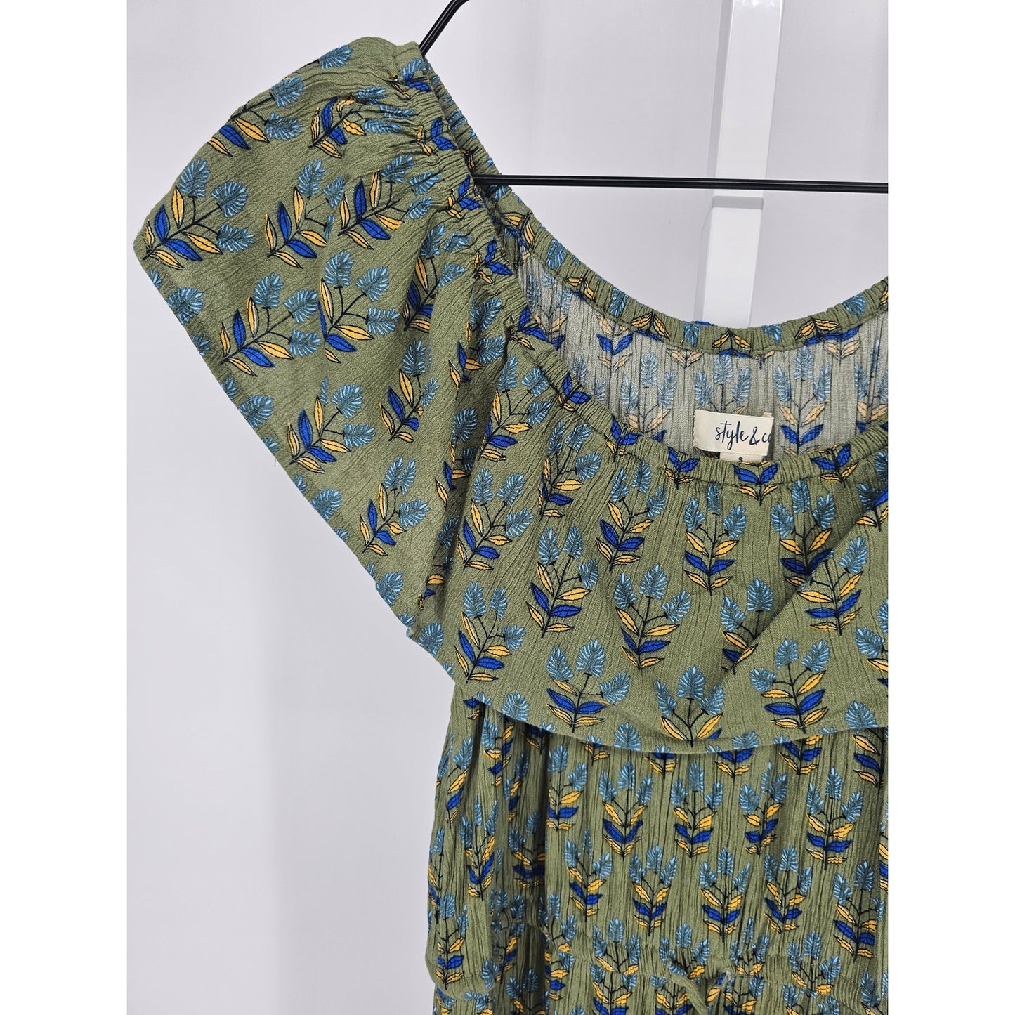 Style & co Womens Sz S Maxi Length Off Shoulder Boho Dress Dark Green Floral