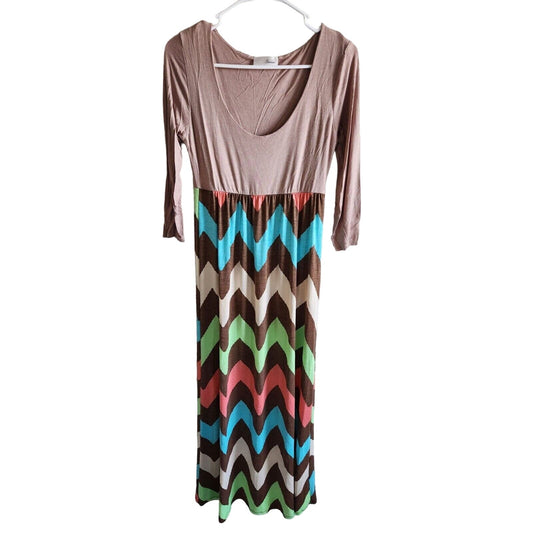 Lillie Avenue Womens Sz M Maxi Shirt Dress Long Sleeve Brown Rainbow Chevron
