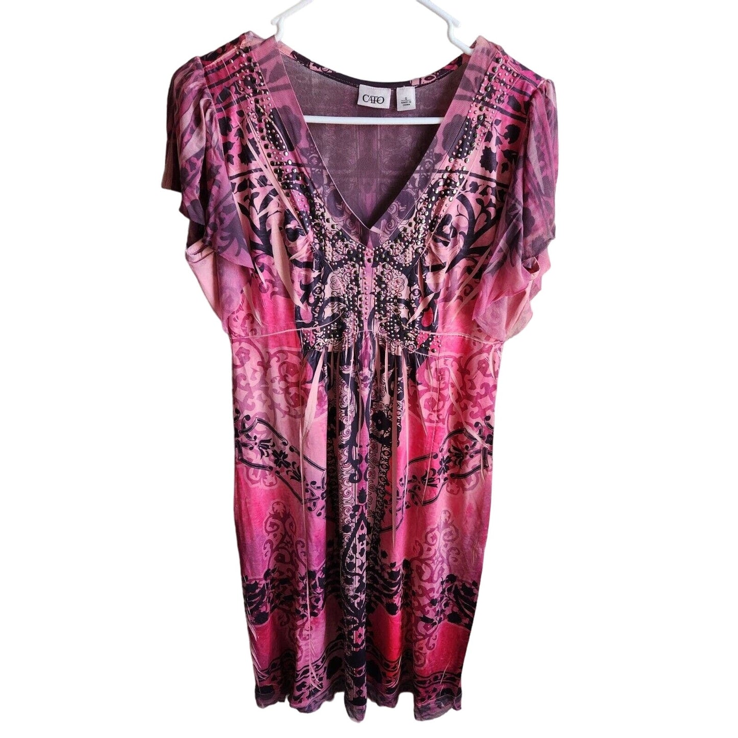 Vintage Cato Womens Sz S Shift Dress Knee Length Pink Black Studded V Neck