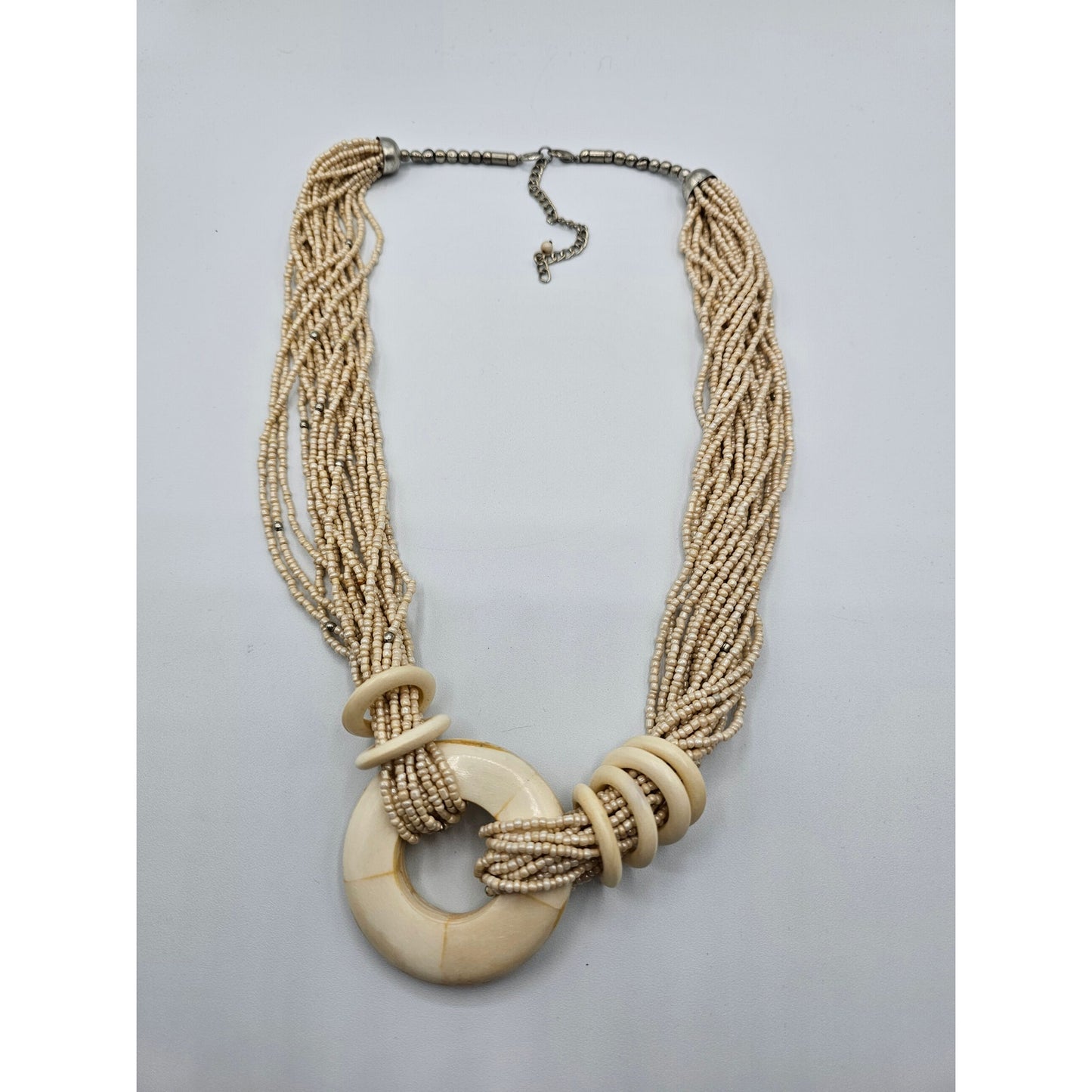 Vintage 1990s Multi Strand Seed Bead Necklace Cream Ivory Large Pendant