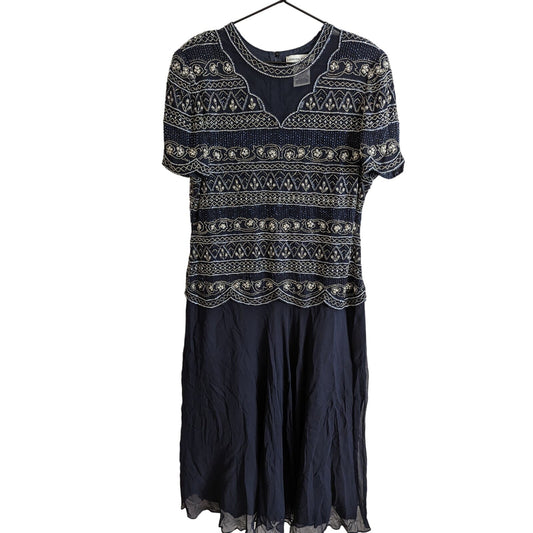 Adrianna Papell Evening 100% Silk Navy Blue Mother of the Bride Dress Beaded