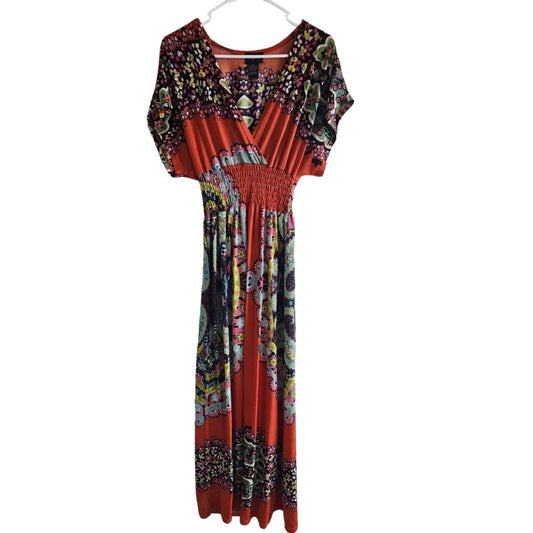 Vintage 1990s Chesley Womens Sz M Maxi Dress Burnt Orange Mandala Floral Boho