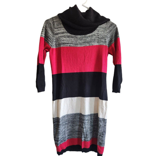 Pink Rose Womens Sz M Sweater Dress Cowl Neck Red Gray Black Striped