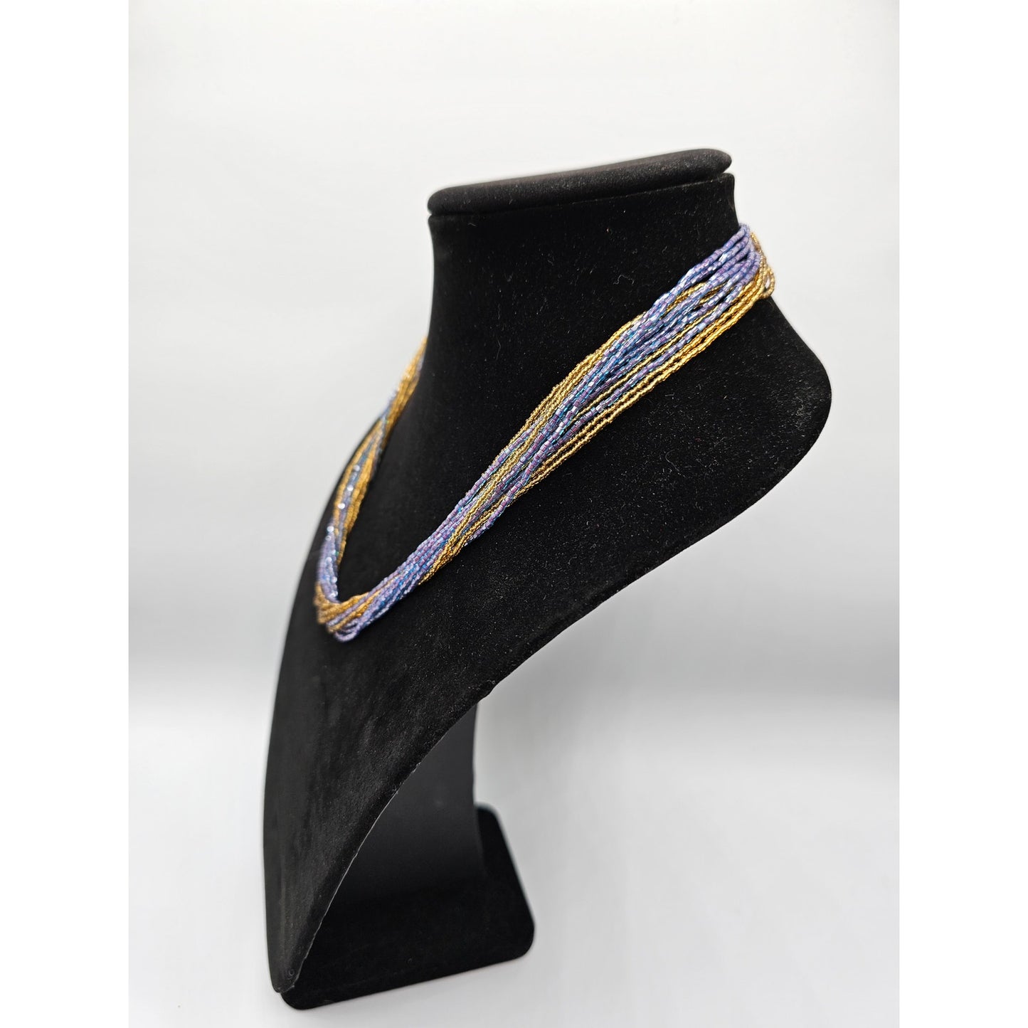 Vintage Multi Strand Seed Bead Necklace Gold and Blue 1980s