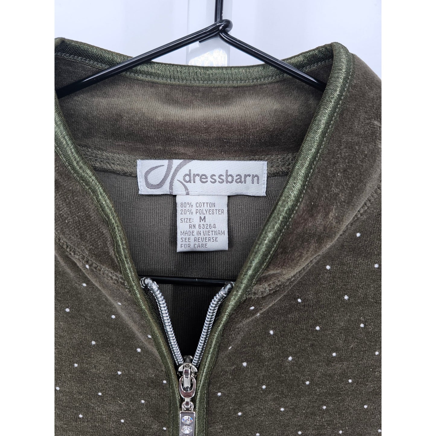Dressbarn Womens Sz M Full Zip Velour Track Jacket Olive Green Glitter Dots