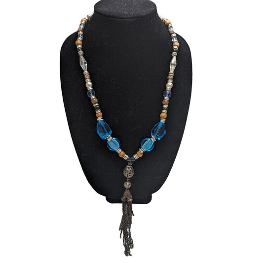 Vintage Mid Century Metal Tassel Necklace Colorful Glass Beaded
