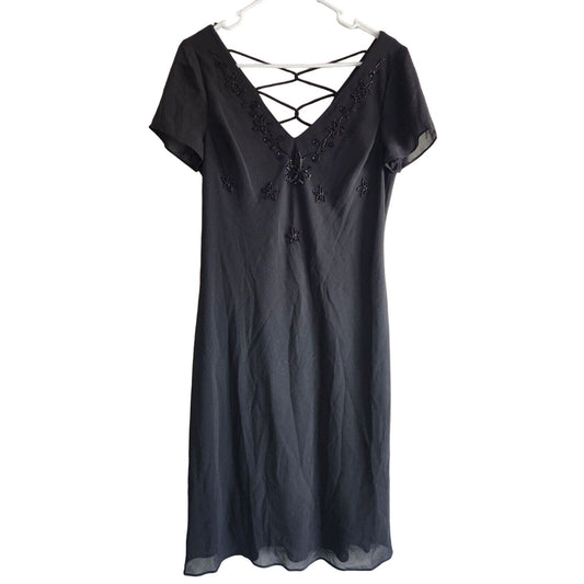 Vintage DJ Summers Womens Sz 10P Petite Midi Dress Black Beaded Formal