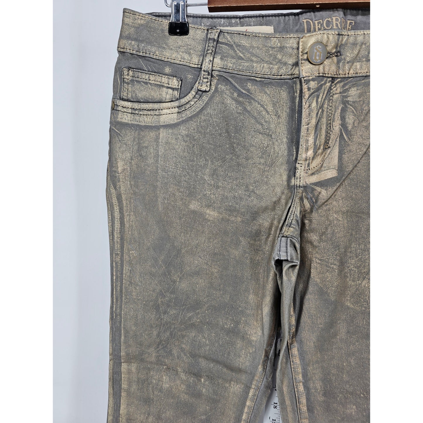 Decree Juniors Sz 13 Super Skinny Jeans Metallic Gold Gray Print Grunge