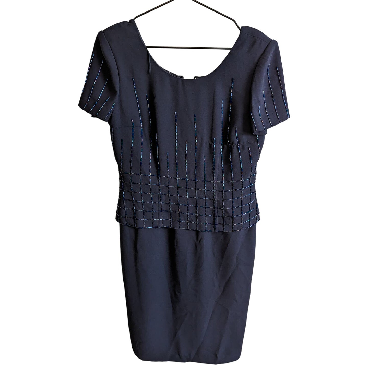 Talbots Womens Sz 8 Navy Blue Beaded Midi Dress Short Sleeve Formal