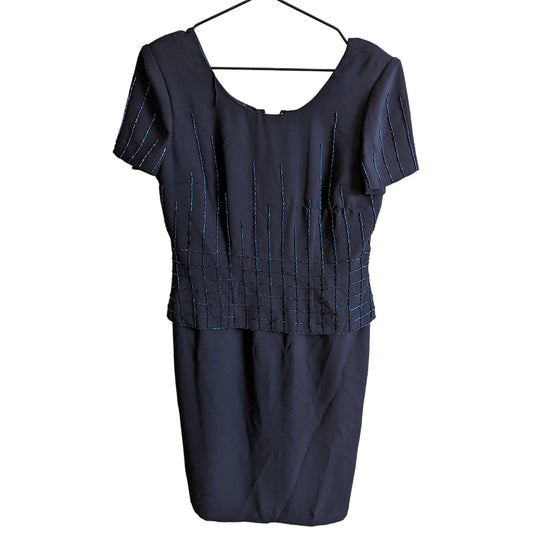 Talbots Womens Sz 8 Navy Blue Beaded Midi Dress Short Sleeve Formal