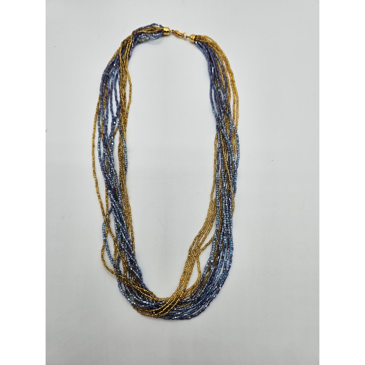 Vintage Multi Strand Seed Bead Necklace Gold and Blue 1980s