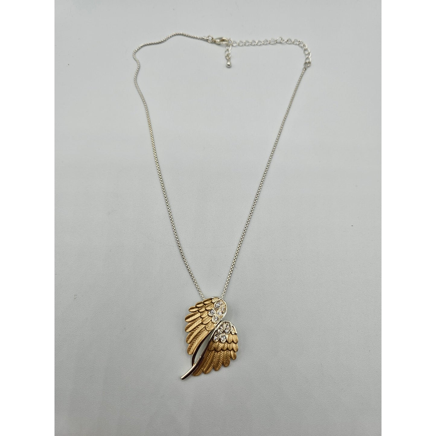 Vintage Y2K Pendant Necklace Silver Tone Gold Bird Wings Rhinestone Detail