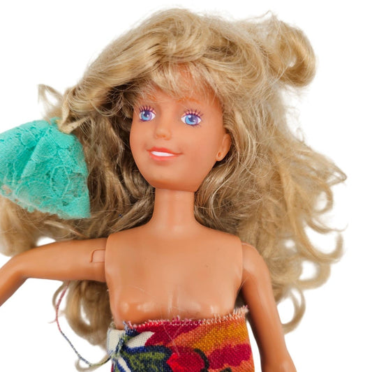Vintage 1990s Curly Blonde Hair Barbie Doll Hawaiian Blue Purple Eyes