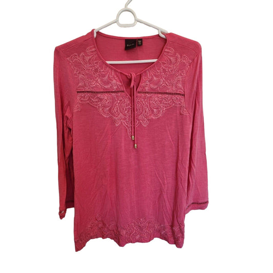 Rafaella Womens Sz S Long Sleeve T Shirt Blouse Embroidered Pink Tie Front