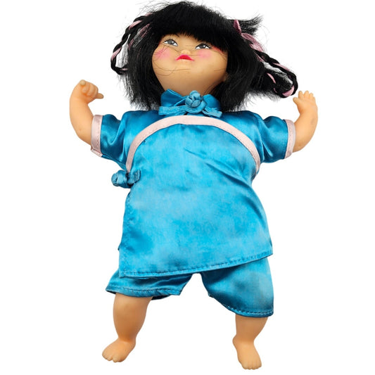 Vtg 1985 Goodwell International Soft Body Asian Girl Blue Satin Pajama Outfit