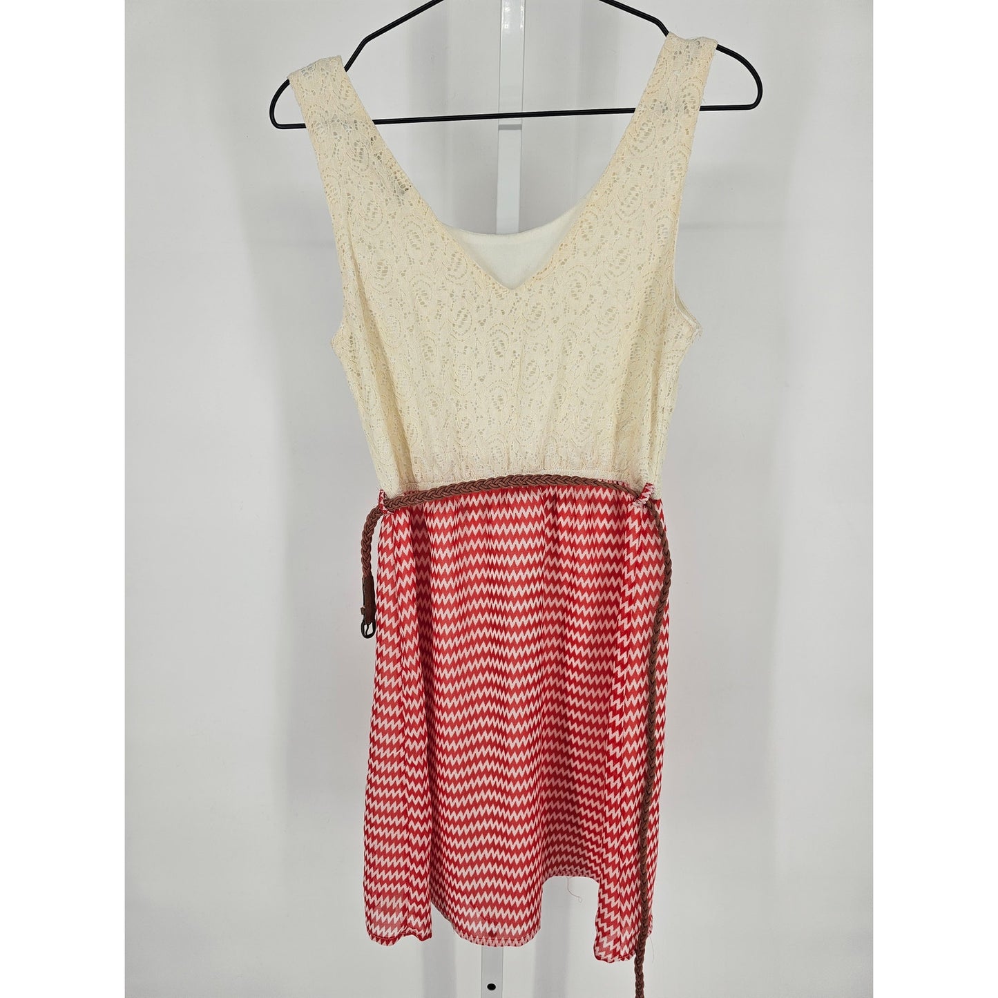 Indulge Juniors Sz M Mini Dress Chevron Lace Belted Western Sleeveless