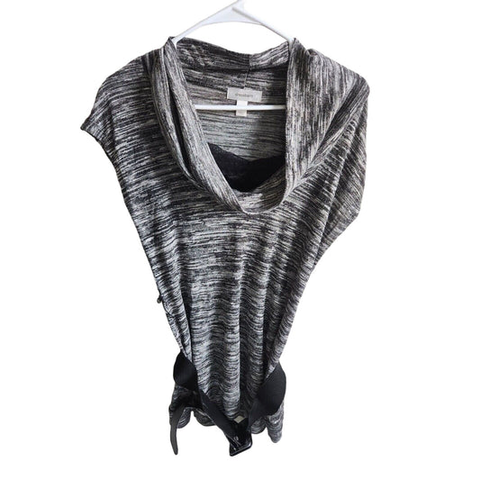 Dressbarn Womens Sz M Cowl Neck Short Sleeve Sweater Belted Gray Spacedye